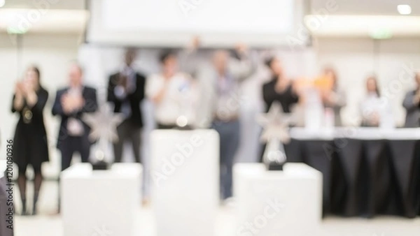 Fototapeta Team Recognition Ceremony Blur: A business awards event with blurred participants clapping and celebrating achievements.
