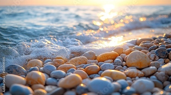 Fototapeta Serene Sunset Seascape Ocean Waves Gently Crashing on Smooth Pebbles Beach