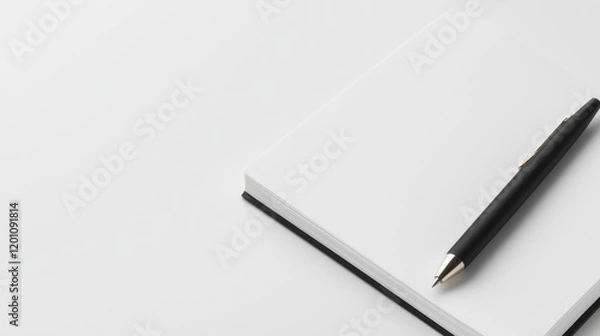 Fototapeta Open notebook with a black pen resting on top of it. the notebook appears to be blank, with no writing or illustrations on the pages. the pen has a gold-colored body and a black cap.
