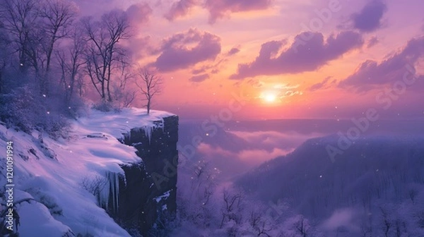 Fototapeta Winter Sunset Over Snowy Clifftop Landscape
