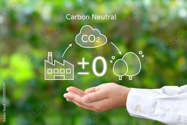 Obraz カーボンニュートラルを図解したイメージイラストを掲げる子供の手