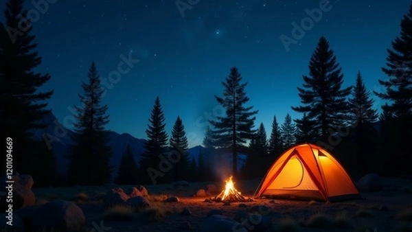 Obraz The image shows a camping scene at night. The sky is dark blue with stars twinkling in the background.