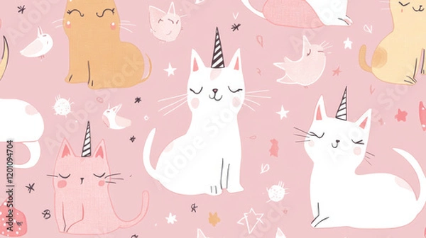 Obraz Cartoon cute caticorn cat and kitten characters seamless pattern. Kawaii unicorn cat, fairy caticorn or magical kitten cute personage vector pattern. Fantasy creature textile seamless background