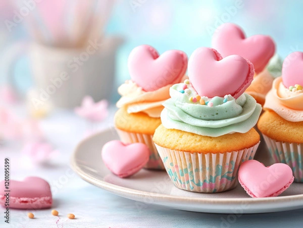 Fototapeta Delicious Heart-Shaped Cupcakes with Colorful Frosting and Macarons on a Plate