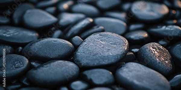 Obraz Close-up image of smooth black pebbles with glistening water droplets, arranged randomly on a dark surface, creating a serene natural background.