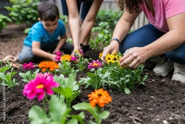 Fototapeta A family of three is engaged in planting vibrant flowers in their backyard garden, showcasing teamwork and fondness for gardening. The child helps dig and place flowers alongside two adults