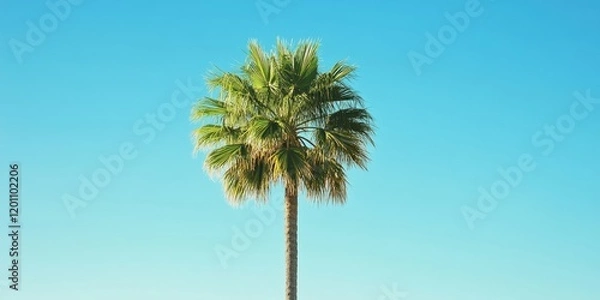 Fototapeta Tall green Royal Palm tree centered against a bright clear blue sky creating a serene tropical ambiance ideal for vacation themes.