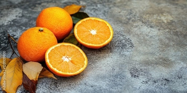Fototapeta Fresh oranges with bright orange peel and juicy pulp arranged on a textured gray stone background, accompanied by autumn leaves for a warm touch.