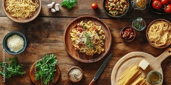 Fototapeta Rustic wooden table with top view of pasta dishes including fettuccine and spaghetti, surrounded by fresh herbs, tomatoes, and condiments.