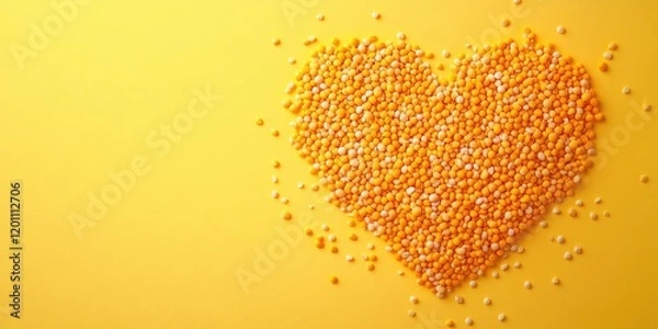 Fototapeta Heart shape made from orange and yellow pea groats on vibrant yellow background with scattered peas creating a bright summer cuisine concept