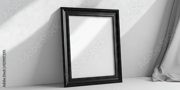 Fototapeta Elegant black picture frame resting at an angle on a white surface with soft shadows and a light gray backdrop enhancing the minimalist aesthetic