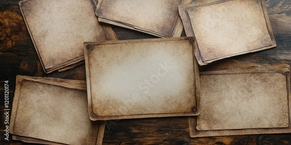 Fototapeta Vintage blank photocards scattered on dark wooden background with aged paper texture and soft brown tones creating a nostalgic atmosphere.