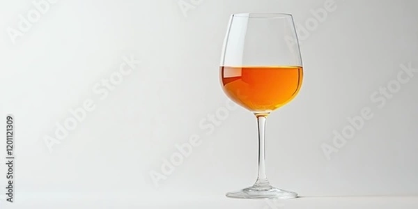 Fototapeta Elegant long stemmed glass filled with amber orange wine against a minimalist soft white background highlighting the drink's rich tones and clarity