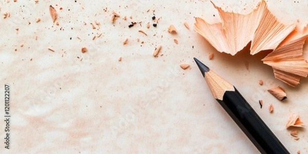 Fototapeta Black pencil with sharpened tip and peach wood shavings on textured beige background ample space for text suggestions and ideas about problem solving