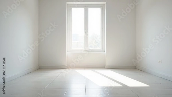 Obraz A serene white room bathed in light, featuring horizontal white tile floors. A framed window with two-paneled glass invites tranquility indoors