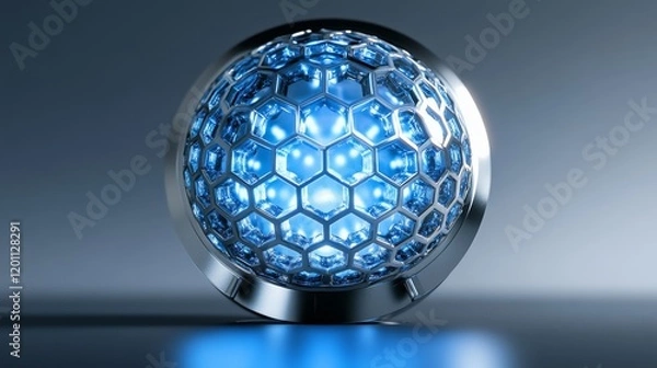 Obraz Modern energy cell prototype, dynamic blue crystalline pattern, precision metal terminals, advanced hexagonal surface design, soft gradient lighting, neutral studio environment, technological