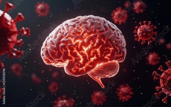 Fototapeta Digital illustration of a glowing human brain, surrounded by red virus particles, symbolizing neurological impact of infections