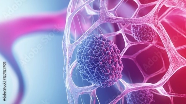Fototapeta 3D medical illustration of a liver with a highlighted cancerous tumor, close-up of affected cells magnified, set against a glowing gradient background