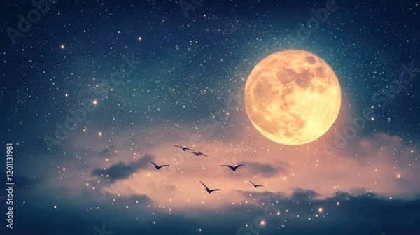 Fototapeta A bright full moon behind a silhouette of birds flying across the night sky
