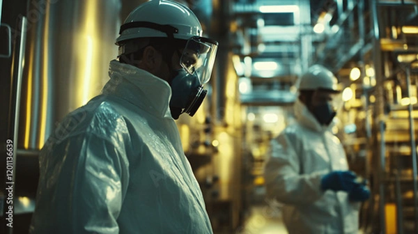 Fototapeta An industrial plant with clear markings for safety zones and emergency exits, workers using protective gloves, helmets, and glasses in line with safety standards.