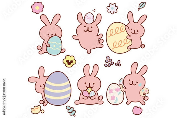 Fototapeta 手描き風うさぎとイースターエッグのイラストセット＿線画有