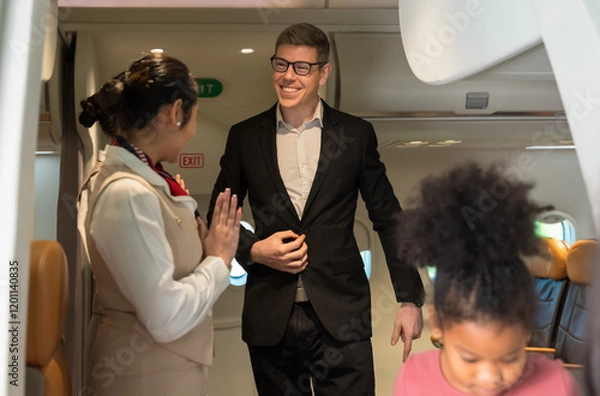 Fototapeta Businessman passenger in dark suit smiling and conversing with air hostess or cabin crew while leaving airplane cabin. Flight attendant standing at airplane entrance door and greeting passengers . Air