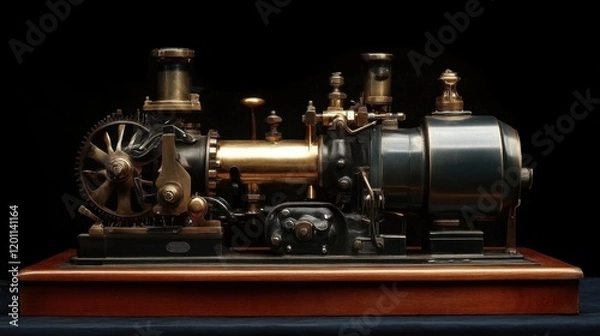 Fototapeta A vintage engine with aged brass and iron components, displayed on a wooden platform