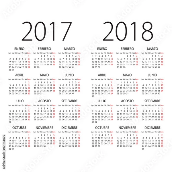 Obraz 2017 and 2018 years Spanish vector calendar.