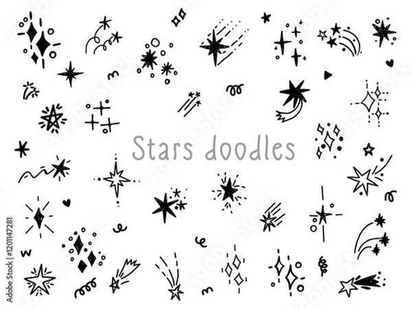 Fototapeta Hand drawn glitter star sparkling blinking spark doodle sketch scribble decorative scrapbook flare glare light vector illustrations