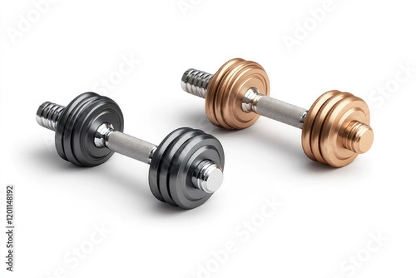 Fototapeta Dumbbell Set Illustration, 3D chrome and rubber finish, fitness equipment design, isolated on white background, ideal for health and wellness themes