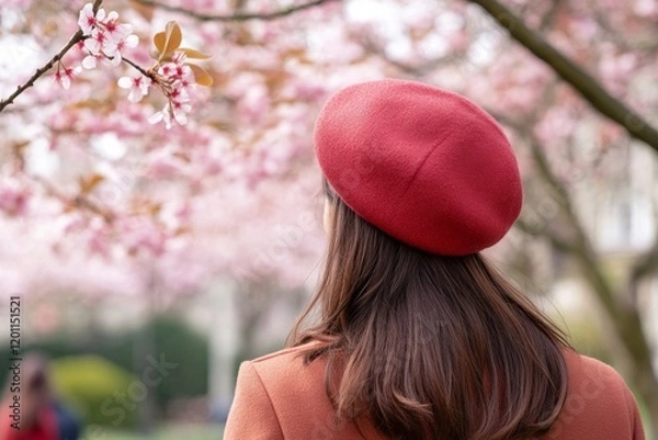Fototapeta A woman wearing a spring beret strolls through a garden filled with blooming cherry blossoms. The vibrant pink flowers create a serene and romantic atmosphere