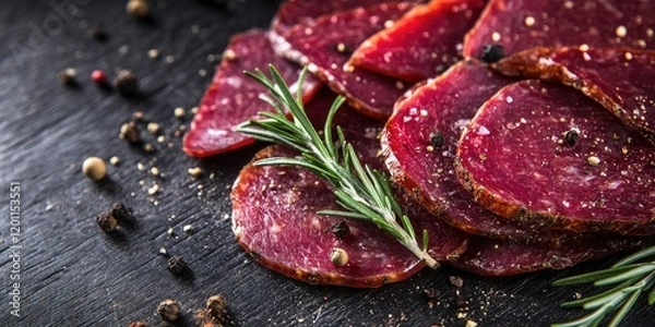Fototapeta Sliced cured bresaola arranged with fresh rosemary on dark rustic wood background featuring coarse spices scattered around in varying colors and textures