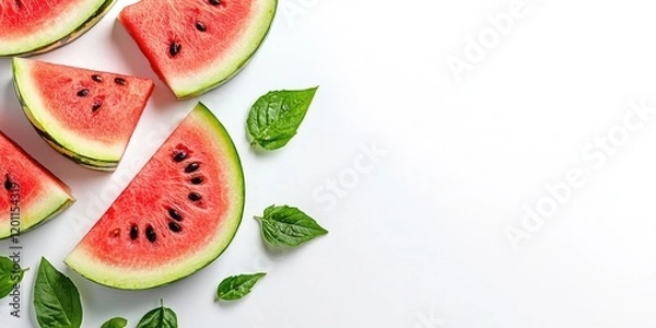 Obraz Freshly sliced watermelon pieces arranged on a white background with vibrant green mint leaves scattered around for added freshness and contrast.