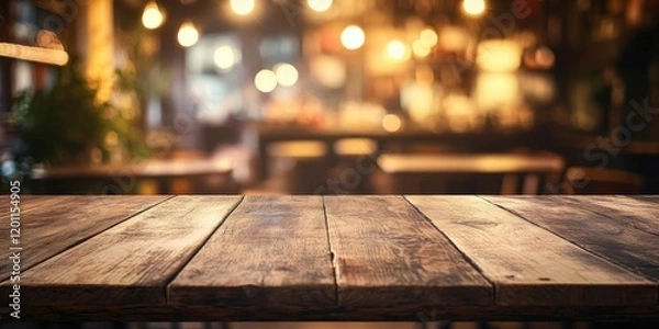 Fototapeta Brown wooden table in foreground with blurred bokeh lights of a coffee shop in background, warm tones complementing cozy atmosphere.