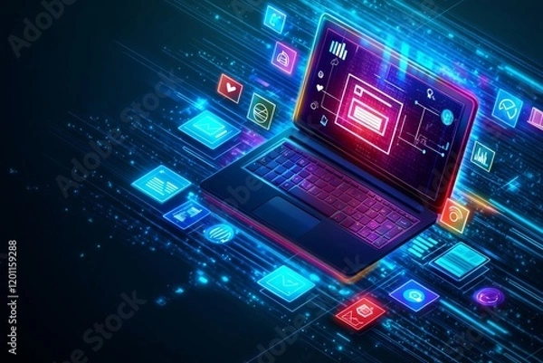 Fototapeta Futuristic Laptop with Neon Icons and Data Streams