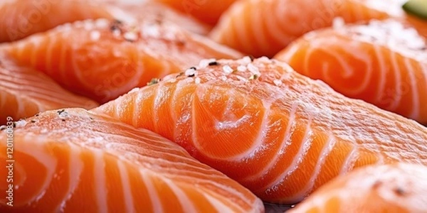 Fototapeta Fresh salmon fillets arranged closely on a salmon-colored background with visible texture and sparkling sea salt garnishing the surface.