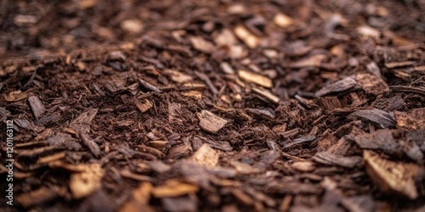 Obraz Brown wood chip mulch with rich textures and varying shades of brown in a close-up view, perfect for gardening and potting soil applications.