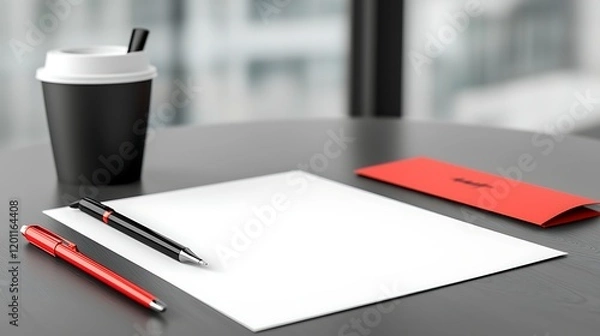 Fototapeta Modern workspace with coffee, pen and paper on dark table