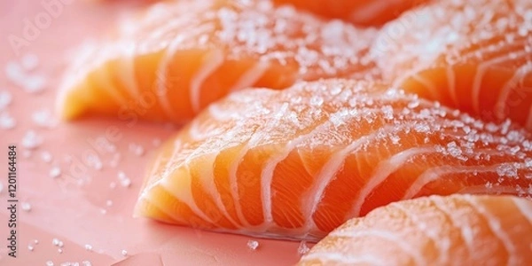 Fototapeta Fresh salmon fillets arranged on a light salmon colored background with a sprinkle of coarse sea salt highlighting their texture and color.