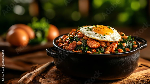 Fototapeta Brazilian Feijao Tropeiro bean and sausage dish, garnished with collard greens and fried eggs in a rustic outdoor setting, [South American hearty meals, rustic flavor]