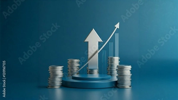 Fototapeta 3D graph with ascending arrow and stacks of coins, symbolizing financial growth, against a blue background.