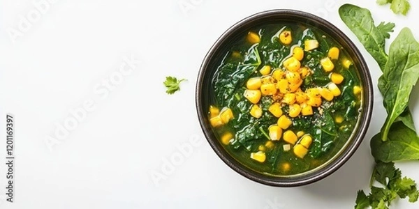 Fototapeta Healthy spinach and sweet corn stew in a black bowl topped with corn on a white background with fresh spinach leaves on the side