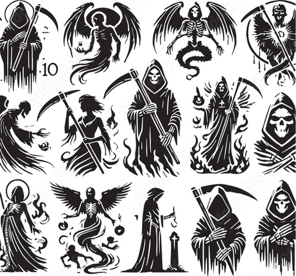 Fototapeta Black Color Grim reaper Silhouette Vector Illustration, Solid White Background