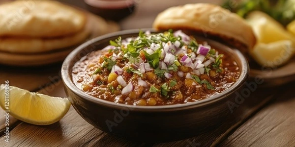 Fototapeta Delicious Spicy Misal Pav served in a dark bowl with chopped onions and herbs, lemon wedges on rustic wooden tabletop, warm lighting.