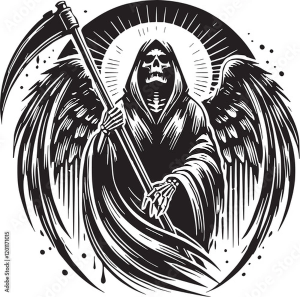 Obraz Black Color Grim reaper Silhouette Vector Illustration, Solid White Background