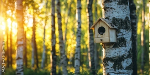Fototapeta Springtime birch forest with sunlight filtering through trees on the left and a wooden bird nesting box on the right showcasing vibrant green colors