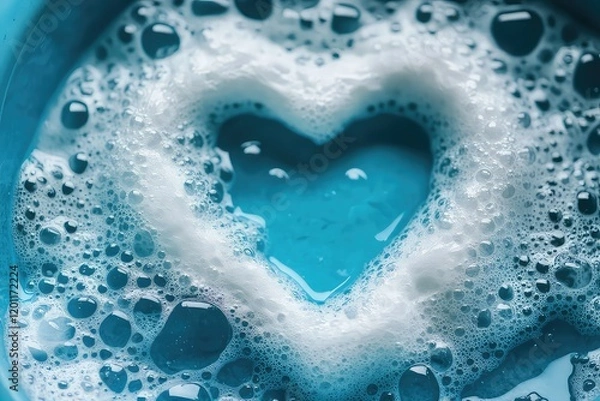 Obraz A heart-shaped frame formed from sparkling detergent foam bubbles floating in a blue basin.