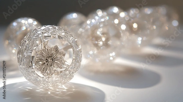Fototapeta A series of interlocking transparent crystal spheres forming a delicate and intricate pattern with light glistening through them