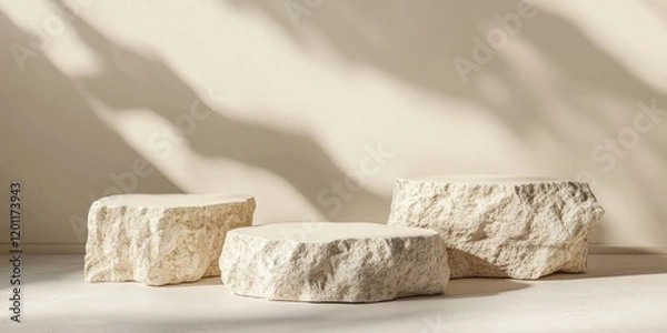 Fototapeta Natural beige background featuring three textured stone podiums in varying heights casting soft shadows ideal for showcasing beauty products.