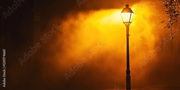 Fototapeta Street lamp illuminated by amber light in dense fog creating a mystical atmosphere with warm yellow tones dominating the scene.